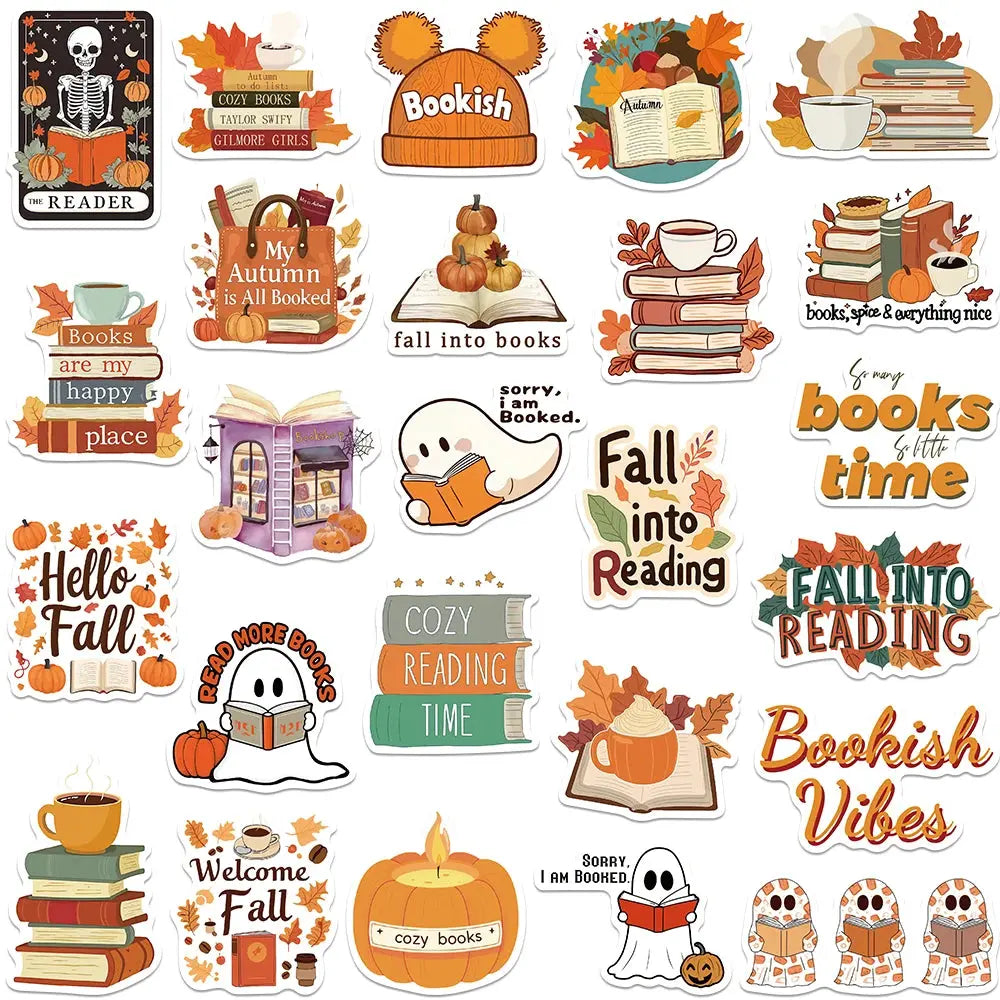50 Adet Retro Sevimli Sonbahar Kitap Okuma Sticker Seti | Sticker Master - Sticker Master