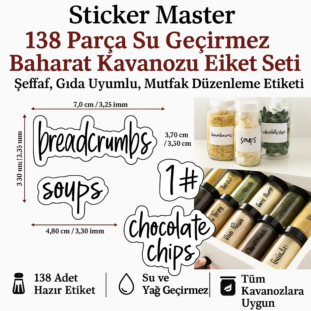 Sticker Master 138 Parça Su Geçirmez Baharat Kavanozu Etiket Seti – Şeffaf, Gıda Uyumlu, Mutfak Düzenleme Etiketi - Sticker Master