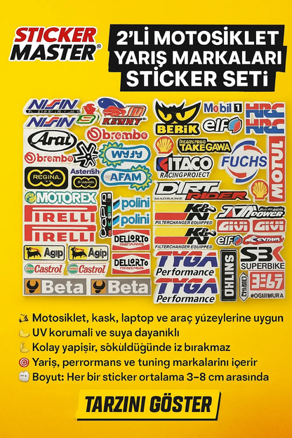 Sticker Master 2'li Motosiklet Yarış Markaları Sticker Seti – Süperbike, Racing, Moto GP Temalı Etiket Seti - Sticker Master
