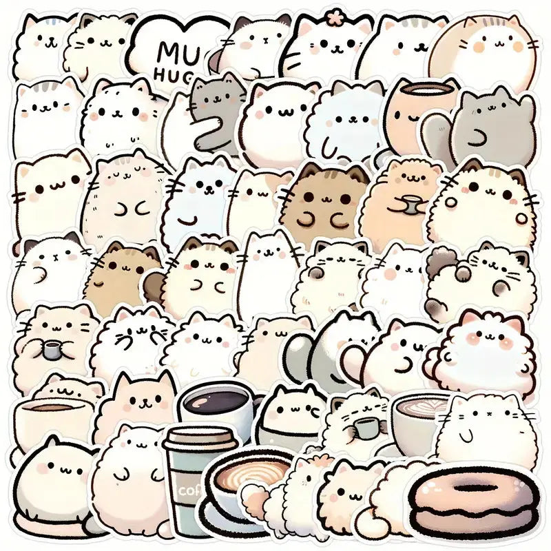 Sticker Master 50’li Kawaii Kedi & Kahve Sticker Seti Planlayıcılar, Laptoplar, Su Şişeleri ve DIY Defterler İçin Sevimli Çıkartmalar - Sticker Master