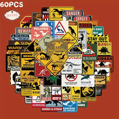 Sticker Master 60’lı Dinozor Uyarı Sticker Seti Laptop, Defter, Bavul ve Daha Fazlası İçin Renkli PVC Etiketler - Sticker Master