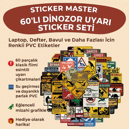 Sticker Master 60’lı Dinozor Uyarı Sticker Seti Laptop, Defter, Bavul ve Daha Fazlası İçin Renkli PVC Etiketler - Sticker Master