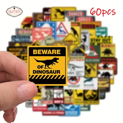 Sticker Master 60’lı Dinozor Uyarı Sticker Seti Laptop, Defter, Bavul ve Daha Fazlası İçin Renkli PVC Etiketler - Sticker Master