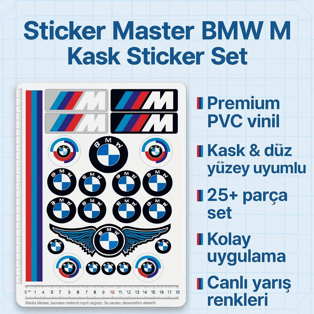 Sticker Master BMW M Mavi Motosiklet Kask Sticker Çıkartma Seti – 25 + Parça, Suya & UV’ye Dayanıklı Vinil Sticker Master