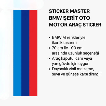 Sticker Master BMW Şerit Oto Motor Araç Sticker Etiket – M Renkli Tasarım (70 cm - 100 cm) Sticker Master