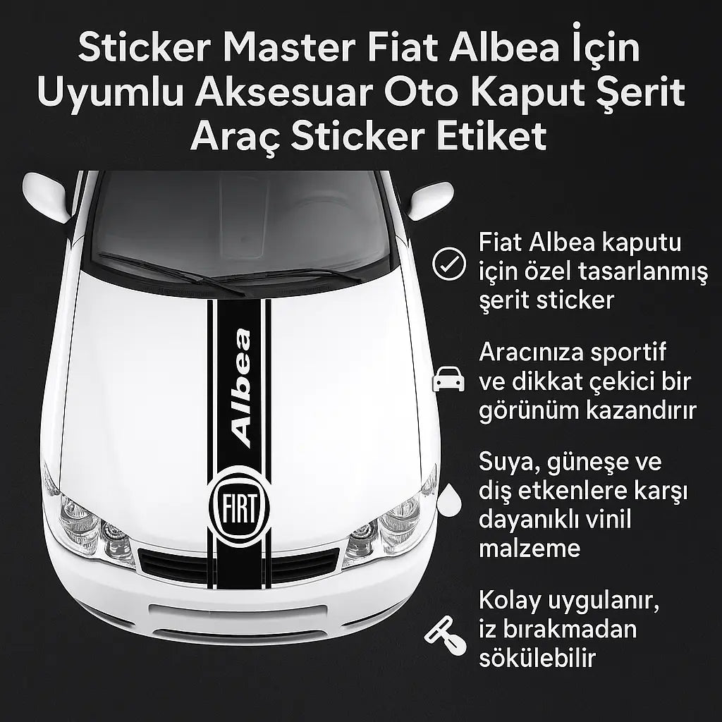 Sticker Master Fiat Albea İçin Uyumlu Aksesuar Oto Kaput Şerit Araç Sticker Etiket - Sportif Tasarım Sticker Master
