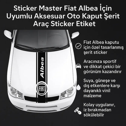 Sticker Master Fiat Albea İçin Uyumlu Aksesuar Oto Kaput Şerit Araç Sticker Etiket - Sportif Tasarım Sticker Master