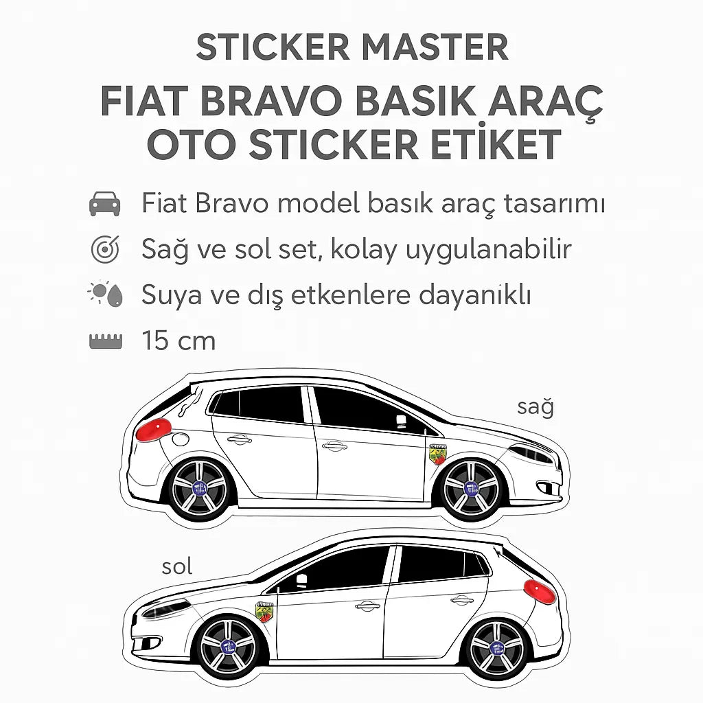 Sticker Master Fiat Bravo Basık Araç Oto Sticker Etiket - Sağ ve Sol Set - 15 Cm Sticker Master