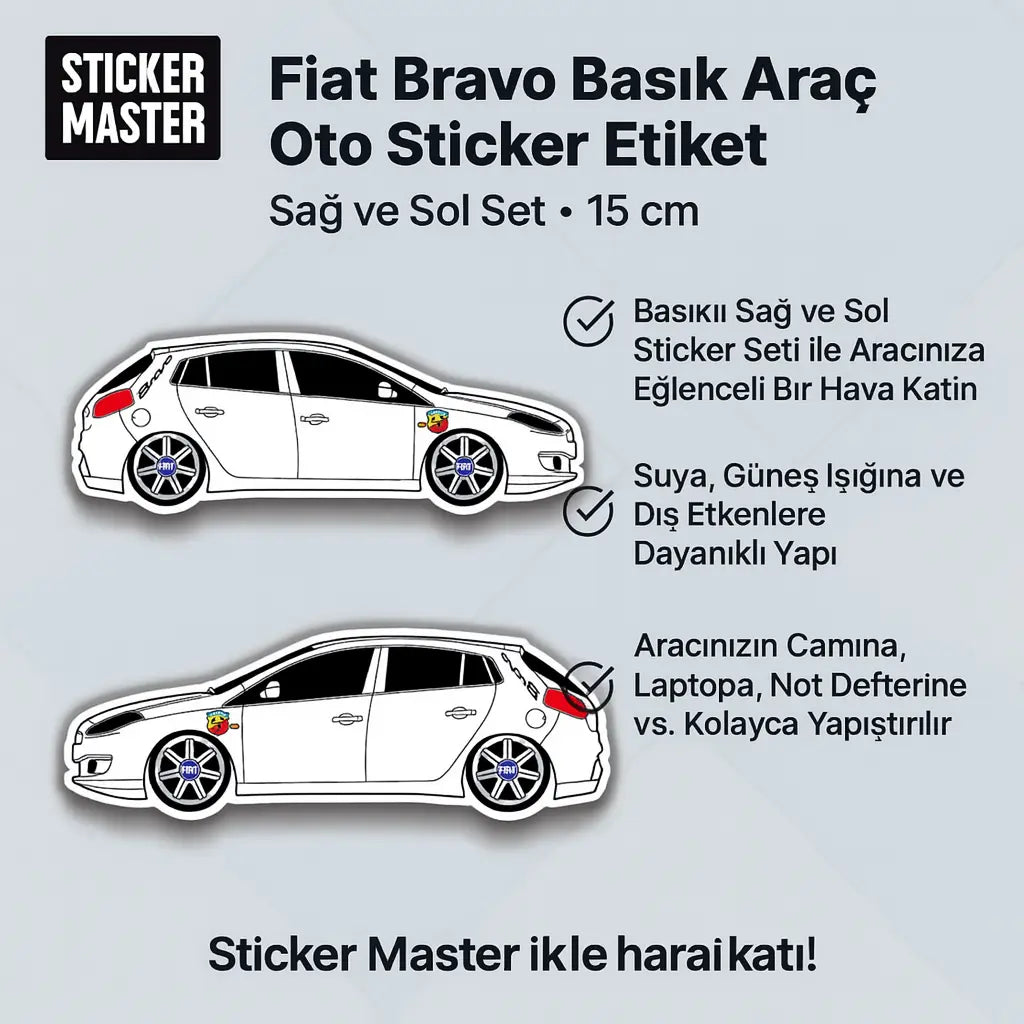 Sticker Master Fiat Bravo Basık Araç Oto Sticker Etiket - Sağ ve Sol Set - 15 Cm Sticker Master