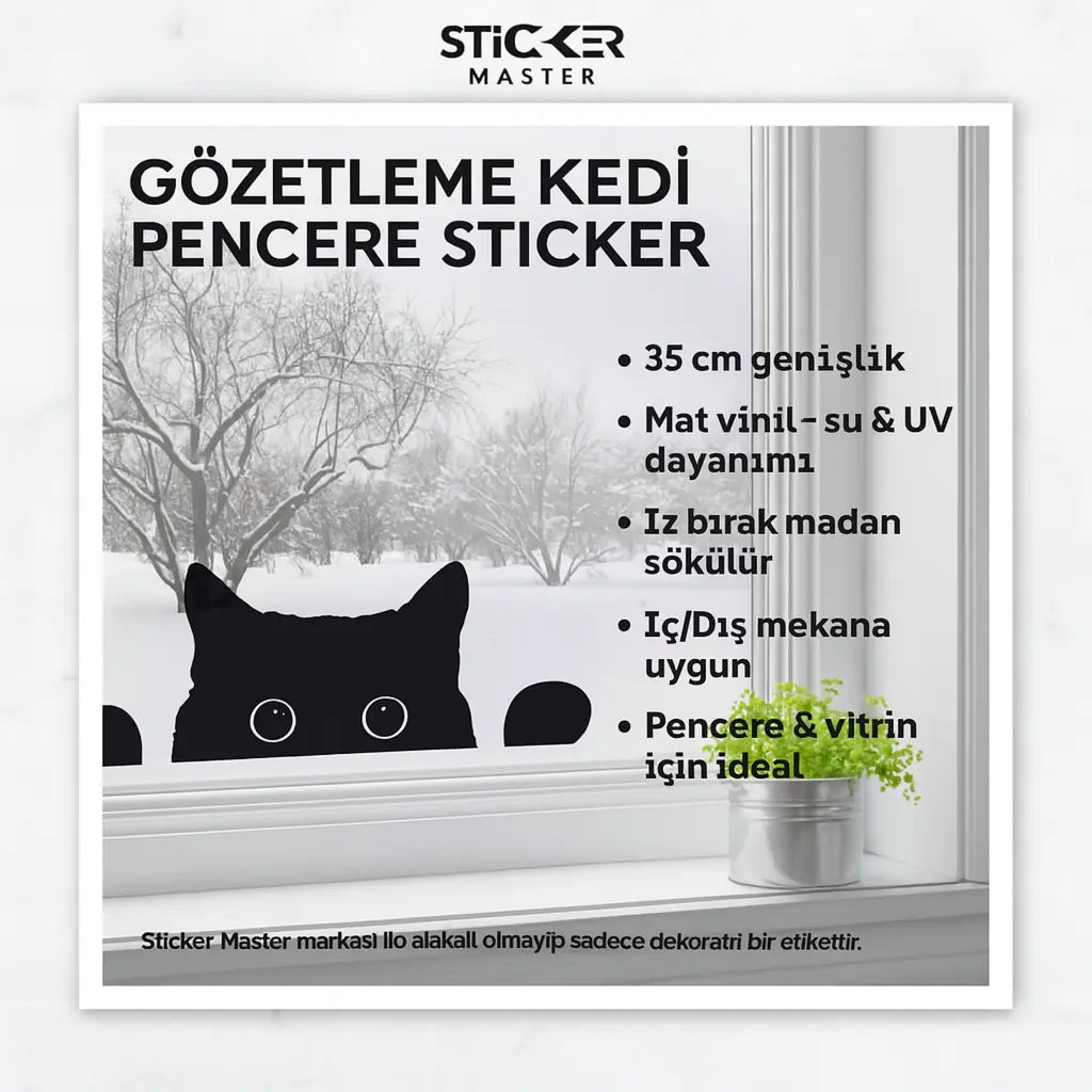 Sticker Master Gözetleme Kedi Pencere Sticker – Sevimli 35 cm Siyah Vinil Dekoratif Etiket Sticker Master