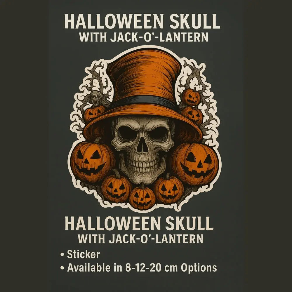 Sticker Master Halloween Skull with Jack' O Lantern Sticker – 8 cm, 12 cm, 20 cm Seçenekli Korku Temalı Etiket Sticker Master