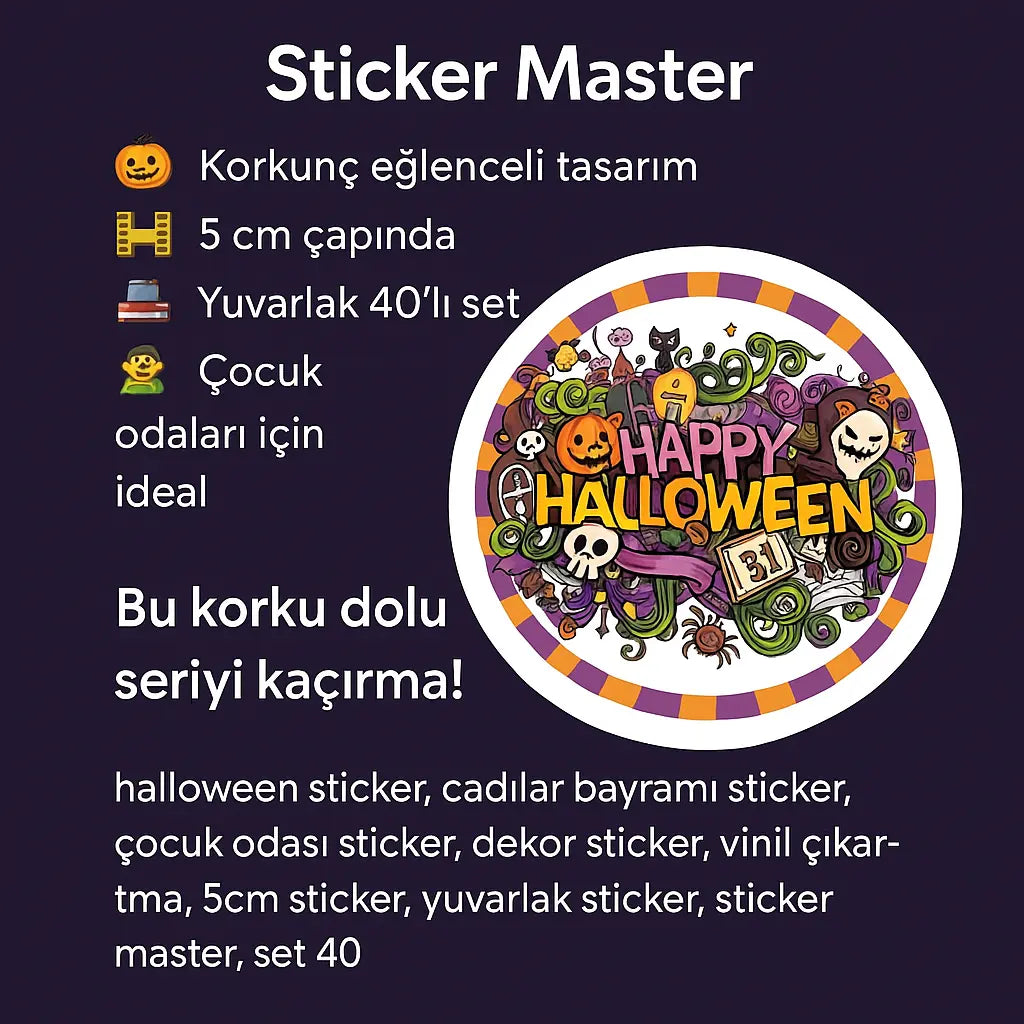 Sticker Master Happy Halloween Yılbaşı Sticker 40 Adet 5 Cm Etiket Yapışkanlı Sticker Master