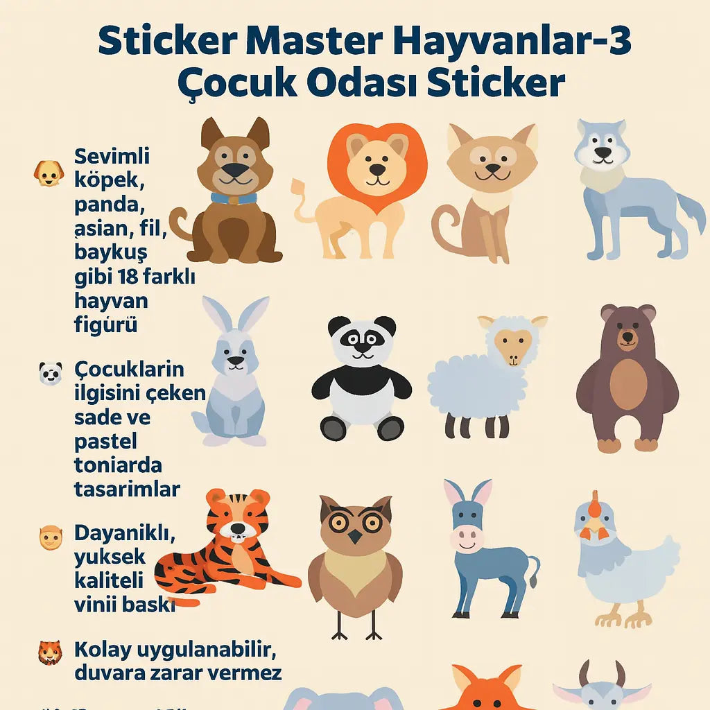 Sticker Master Hayvanlar-3 Çocuk Odası Sticker | Sevimli Hayvan Karakterleriyle Eğlenceli Dekorasyon Sticker Master