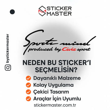 Sticker Master Honda Civic Sports Mind Sticker Oto Araç Çıkartma Etiket 30 Cm Sticker Master