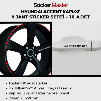 Sticker Master Hyundai Accent Kapı Kolu & Jant Sticker Seti – 10 Adet HYUNDAI SPORT Yazılı Etiket Sticker Master
