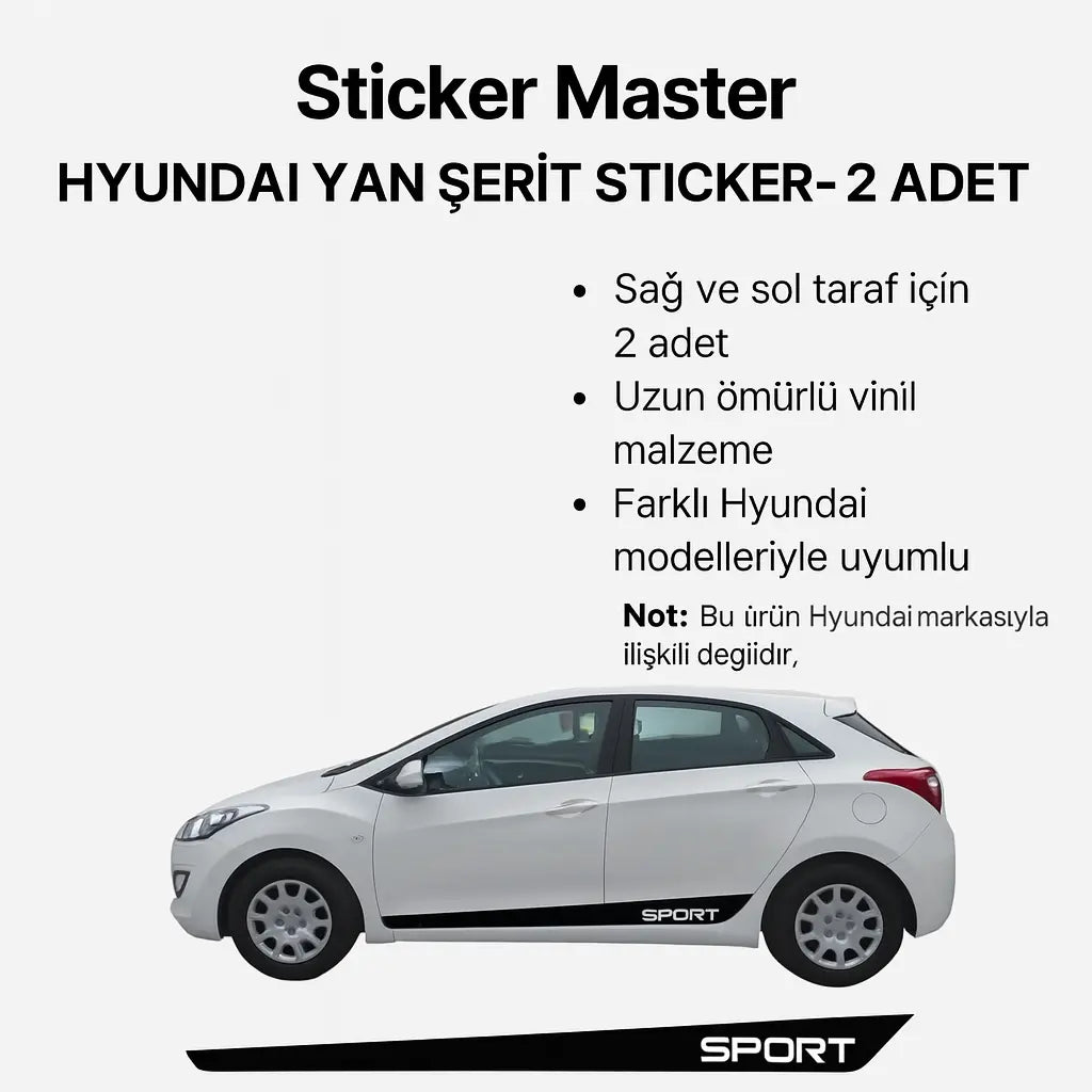 Sticker Master Hyundai Yan Şerit Sticker – 2 Adet Sağ ve Sol Gövde Sport Şerit Etiket Sticker Master