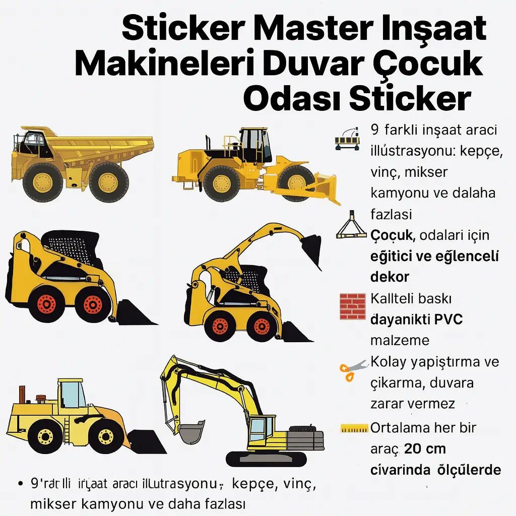 Sticker Master İnşaat Makineleri Duvar Çocuk Odası Sticker | Ev Dekorasyonu Etiket Sticker Master
