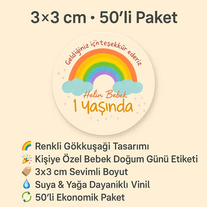 Sticker Master Kişiye Özel “1 Yaşında” Gökkuşağı Sticker – 3 × 3 cm (50’li Paket) Sticker Master