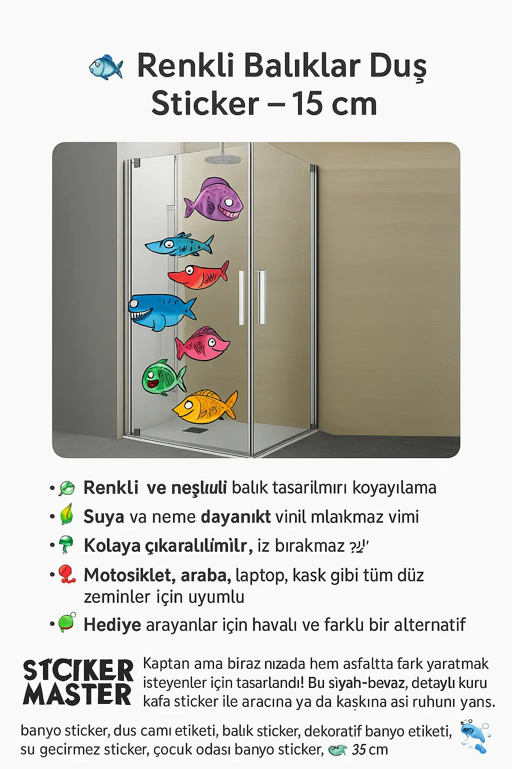 Sticker Master Komik Balıklar Duşakabin ve Banyo Etiket Çıkartma Sticker Master