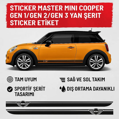 Sticker Master Mini Cooper Gen 1 / Gen 2 / Gen 3 Yan Şerit Sticker Etiket – Sağ ve Sol Takım Sticker Master