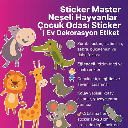 Sticker Master Neşeli Hayvanlar Çocuk Odası Sticker | Ev Dekorasyon Etiket Sticker Master