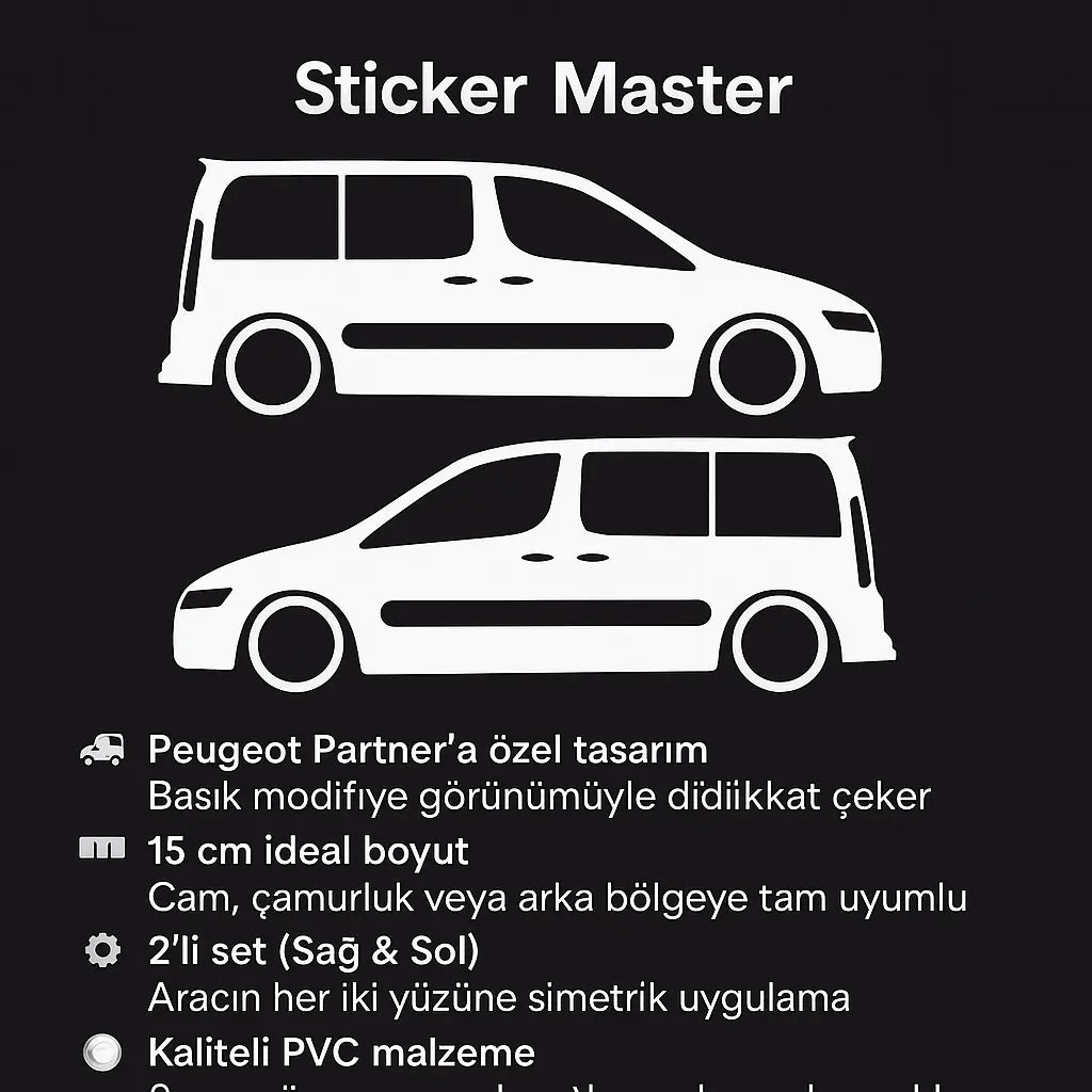 Sticker Master Peugeot Partner Basık Araç Sticker - 2 Adet 15 cm (Sağ & Sol) Sticker Master