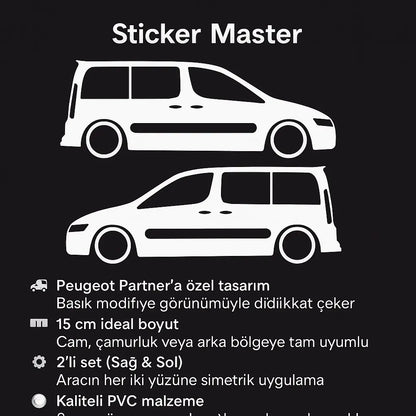 Sticker Master Peugeot Partner Basık Araç Sticker - 2 Adet 15 cm (Sağ & Sol) Sticker Master