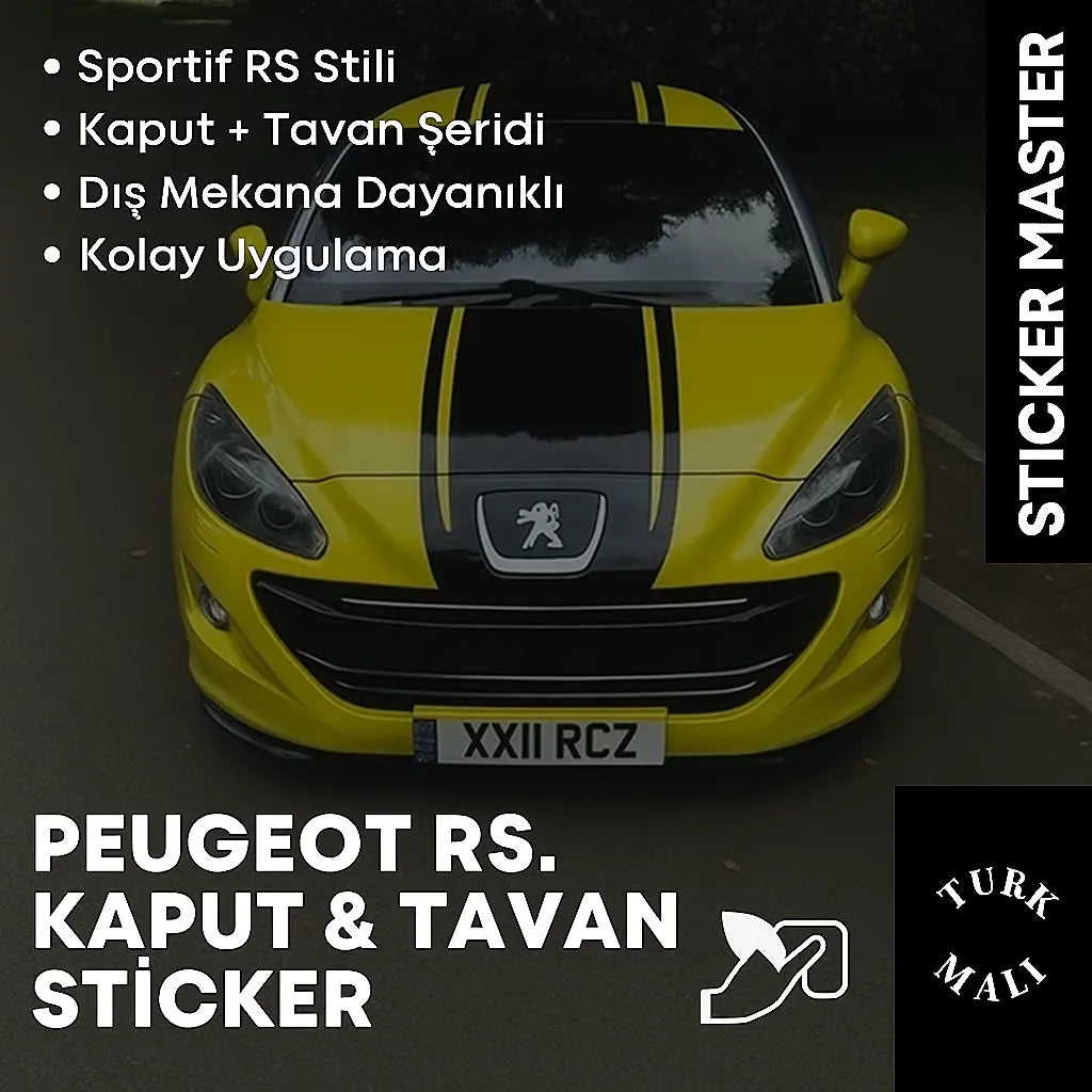 Sticker Master Peugeot RS Ön Kaput & Tavan Sticker – Siyah Çift Şerit Dekor (Tüm Gövde Boyu) Sticker Master