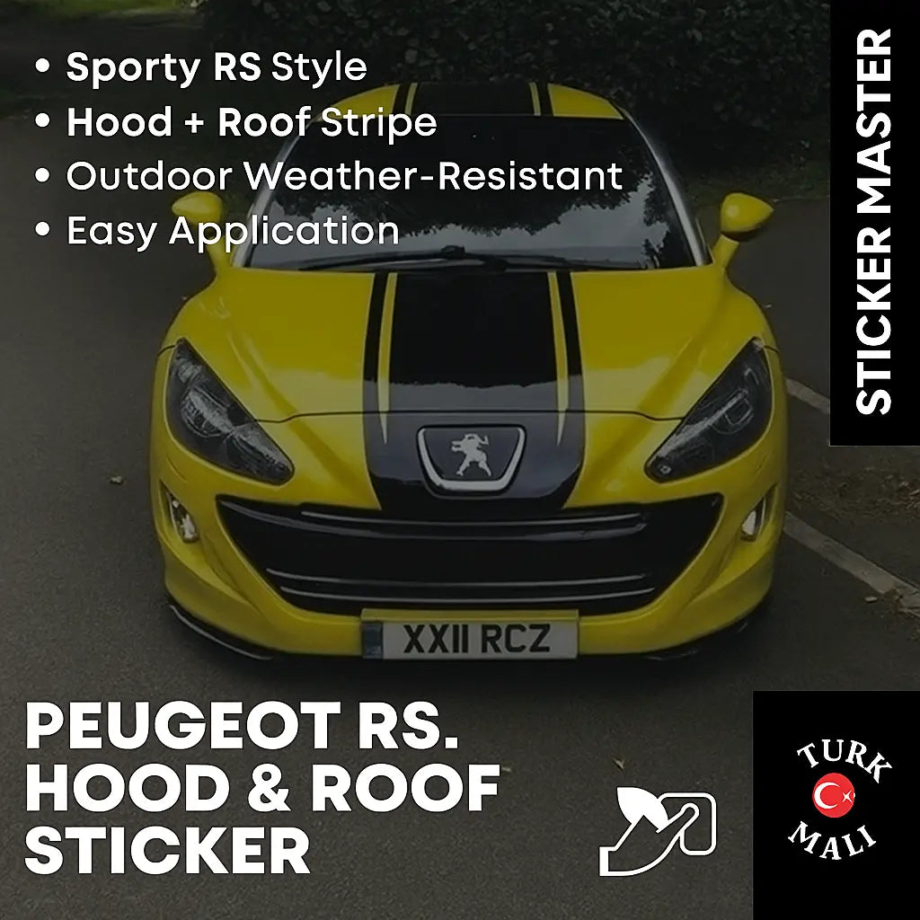Sticker Master Peugeot RS Ön Kaput & Tavan Sticker – Siyah Çift Şerit Dekor (Tüm Gövde Boyu) Sticker Master