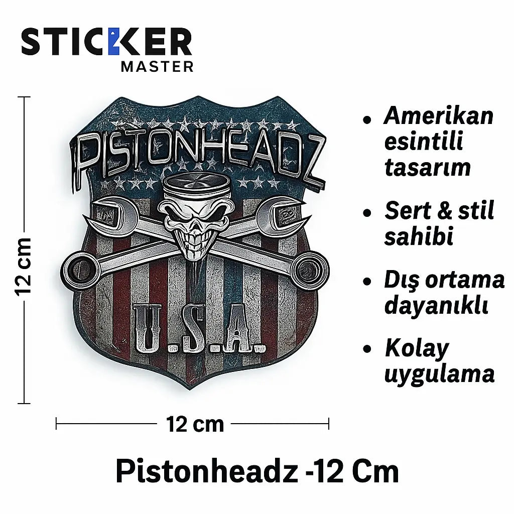 Sticker Master Pistonheadz U.S.A. Sticker – 12 Cm Amerikan Tarzı Kurukafa Etiketi Sticker Master