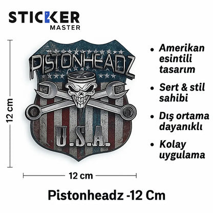 Sticker Master Pistonheadz U.S.A. Sticker – 12 Cm Amerikan Tarzı Kurukafa Etiketi Sticker Master