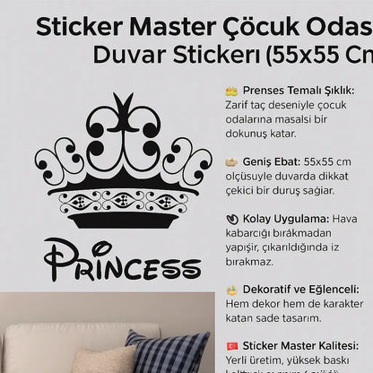 Sticker Master Princess Çocuk Odası Duvar Stickerı – Taç Tasarımlı Siyah Etiket (55x55 Cm) Sticker Master
