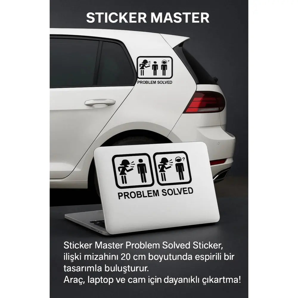 Sticker Master Problem Solved 1 Sticker - Mizahi Figürlü Araç, Laptop ve Cam Etiketi (20 cm) Sticker Master