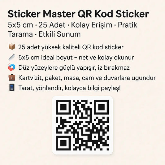 Sticker Master QR Kod Sticker – 5x5 cm – 25 Adet | Kolay Erişim, Pratik Tarama, Etkili Sunum Sticker Master