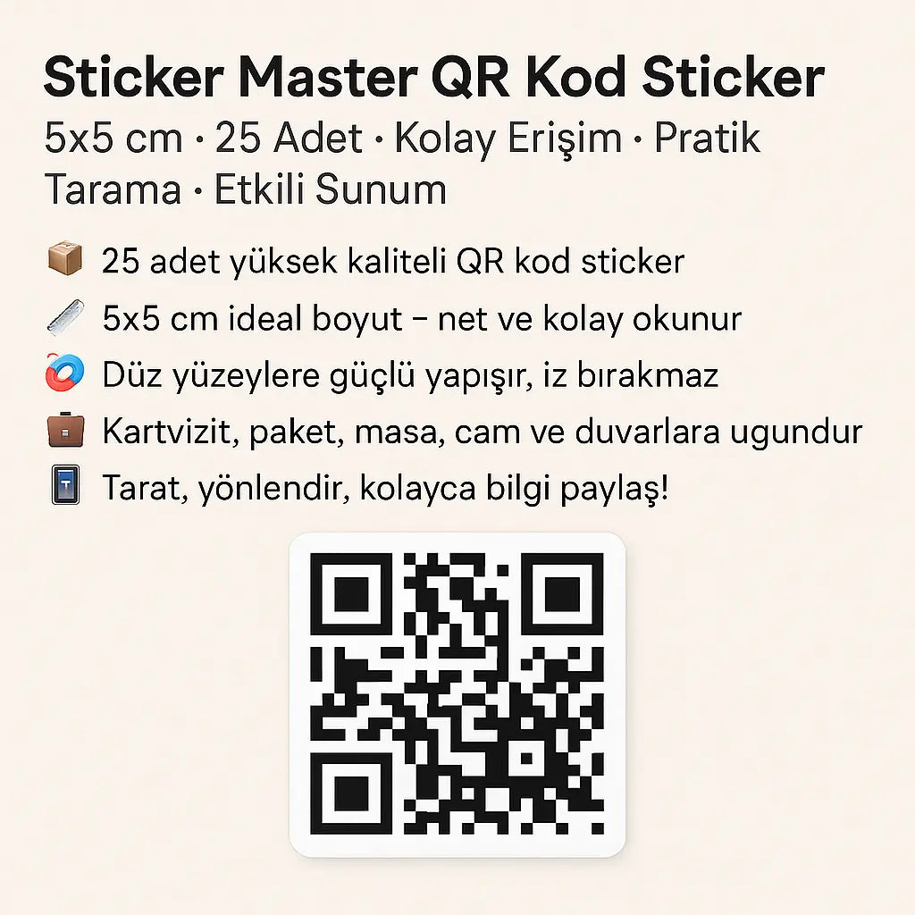 Sticker Master QR Kod Sticker – 5x5 cm – 25 Adet | Kolay Erişim, Pratik Tarama, Etkili Sunum Sticker Master