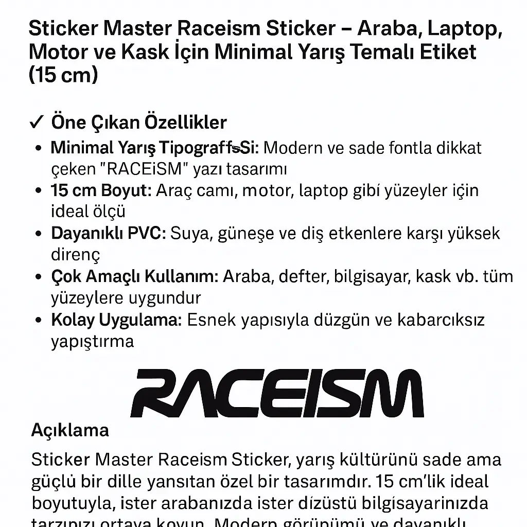 Sticker Master Raceism Sticker - Araba, Laptop, Motor ve Kask İçin Minimal Yarış Temalı Etiket (15 cm) Sticker Master