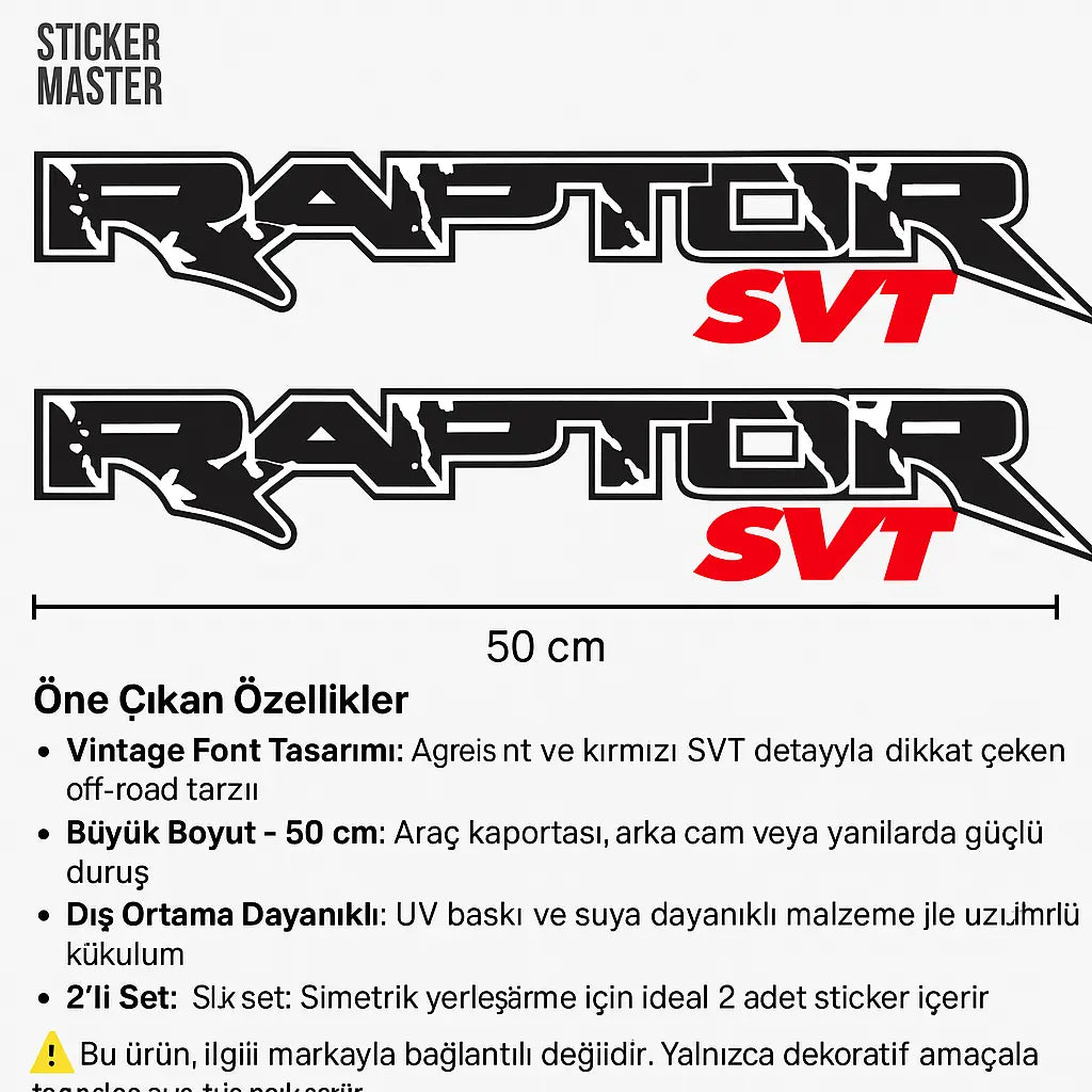 Sticker Master Raptor SVT Sticker Seti - Araba, Pickup, Cam ve Kaporta İçin Off-Road Tasarımlı Etiket (2 Adet - 50 cm) Sticker Master