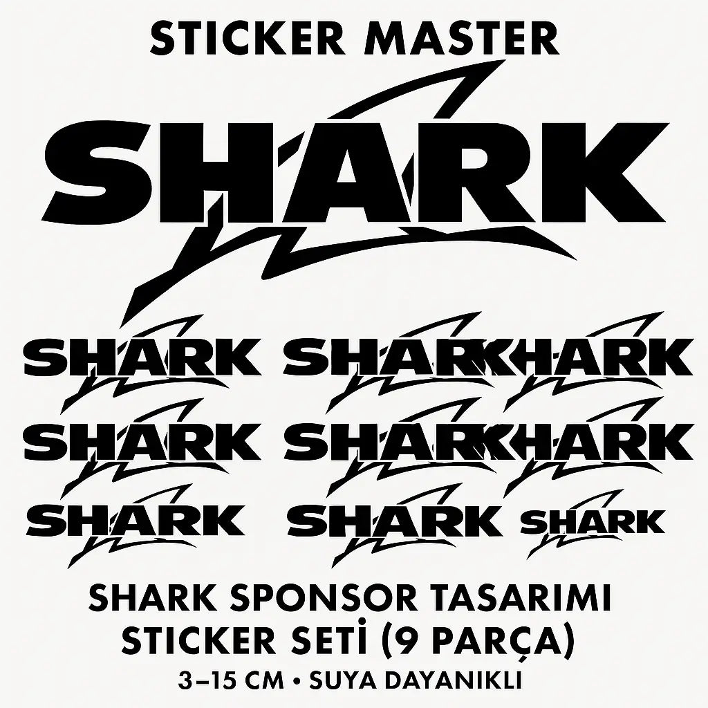 Sticker Master SHARK Sponsor Sticker Seti – 9 Parça Siyah Logo Etiket Sticker Master