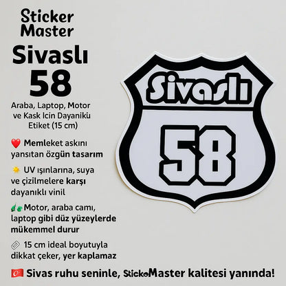 Sticker Master Sivaslı 58 Sticker - Araba, Laptop, Motor ve Kask İçin Dayanıklı Etiket (15 cm) Sticker Master