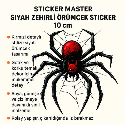 Sticker Master Siyah Zehirli Örümcek Çıkartması - Karikatür Korku Tasarımı - 10 cm Vinil Çıkartma Sticker Master