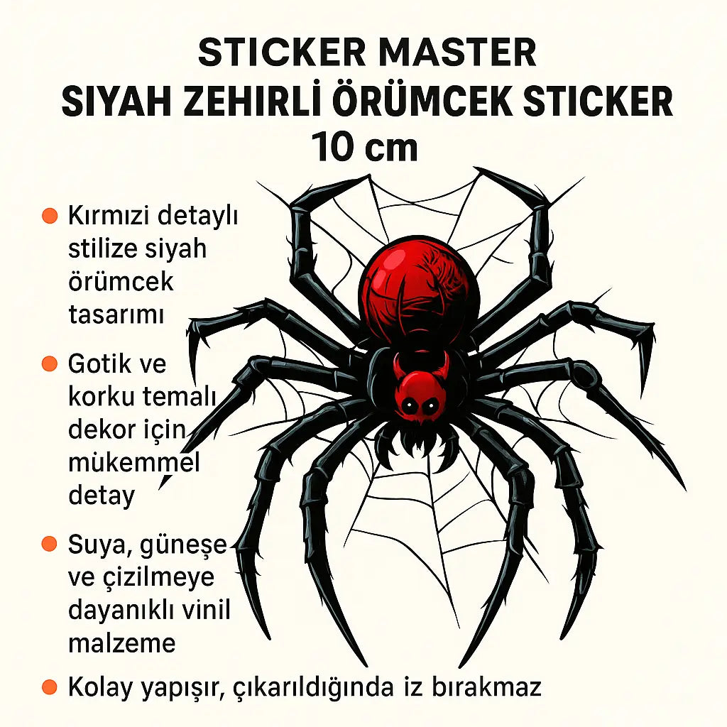 Sticker Master Siyah Zehirli Örümcek Çıkartması - Karikatür Korku Tasarımı - 10 cm Vinil Çıkartma Sticker Master