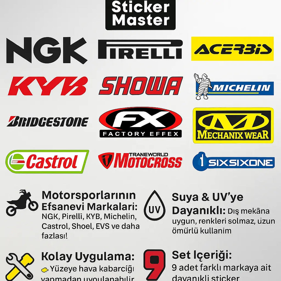 Sticker Master Sponsor Sticker Set 9 – Motor, Kask, Laptop, Araba, Oto Araç İçin Dayanıklı Etiket Decal Sticker Master