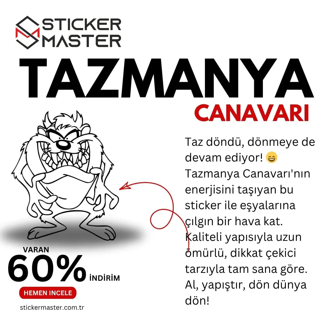 Sticker Master Tazmanya Canavarı Kontur Sticker – 15 cm Siyah Beyaz Çizgi Tasarım Sticker Master