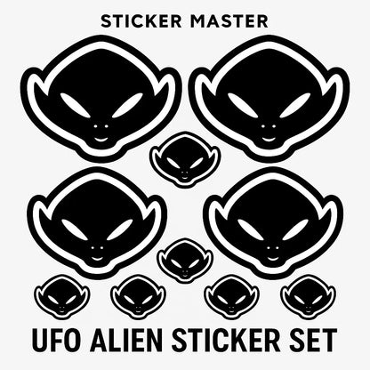 Sticker Master UFO Alien Sticker Seti – 9’lu Uzaylı Temalı Siyah Etiket Seti Sticker Master