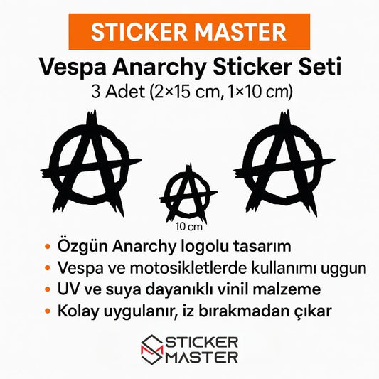 Sticker Master Vespa Anarchy Set Motor, Kask, Laptop, Araba, Oto Araç İçin Dayanıklı Etiket Decal Sticker Master