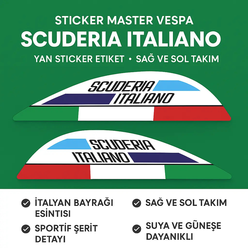 Sticker Master Vespa "Scuderia Italiano" Yan Sticker Etiket - Sağ ve Sol Takım Sticker Master