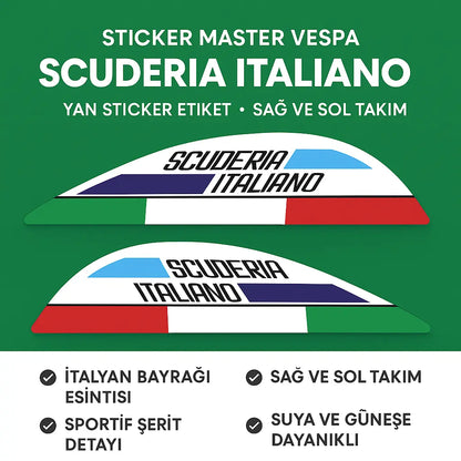Sticker Master Vespa "Scuderia Italiano" Yan Sticker Etiket - Sağ ve Sol Takım Sticker Master