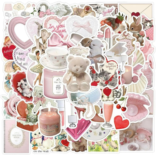 Sticker Master Vintage Pembe Estetik Kolaj Çıkartma Seti - 60 Parça, Su Geçirmez | Sevgililer Günü Temalı - Sticker Master