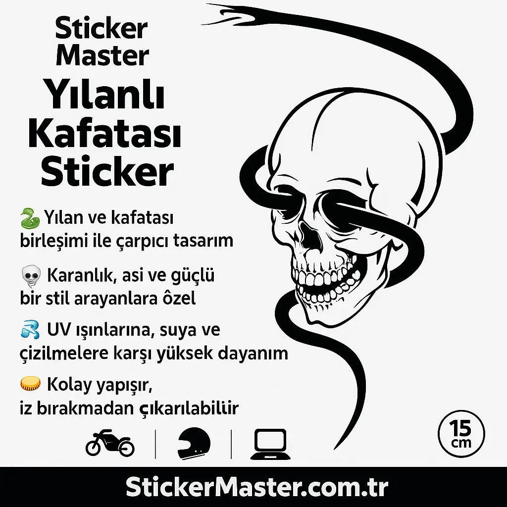 Sticker Master Yılanlı Kafatası Sticker - Motor, Kask, Laptop, Araba ve Oto Araç İçin Dayanıklı Etiket (15 cm) Sticker Master