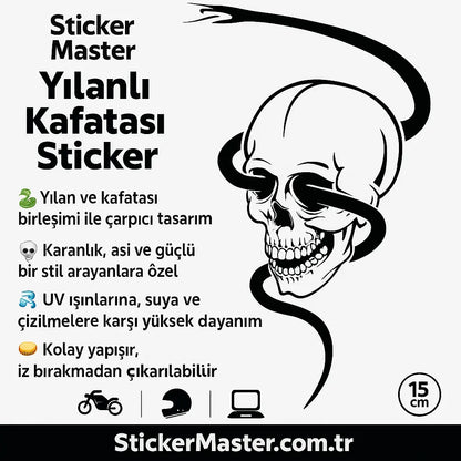 Sticker Master Yılanlı Kafatası Sticker - Motor, Kask, Laptop, Araba ve Oto Araç İçin Dayanıklı Etiket (15 cm) Sticker Master